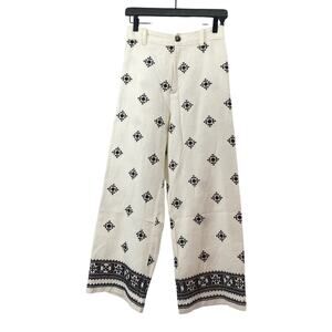 Zara Womens Size XSWhite & Black Embroidered Wide Leg Cropped Pants